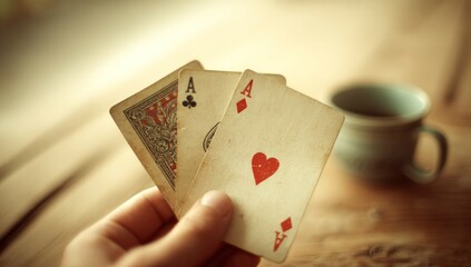 Hand holding three playing cards (back, ace of clubs, ace of hearts) on a weathered wood surface. Mug nearby, blurred background. Warm, soft light