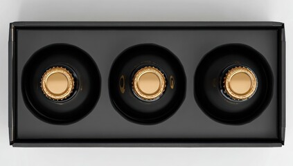 Three black bottles, viewed from above, nestled in a rectangular black box, lids are gold. Minimalist and modern composition