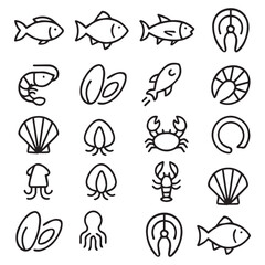 Seafood Line Icons Collection – Fish, Shellfish, Crustaceans, and Ocean Food Symbols


