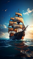 A majestic sailing ship at sunset
