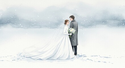 Watercolor wedding scene with couple in snowy landscape creating a peaceful moment