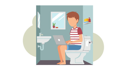Illustration of a person working on a laptop while sitting on a toilet, perfect for articles about work-life balance or humor.