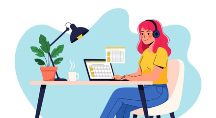 Young woman working from home on laptop, perfect for remote work or freelance lifestyle blogs.