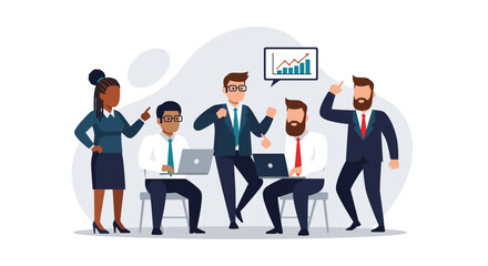 Diverse business team collaborating on project with upward trending graph, ideal for presentations and reports.