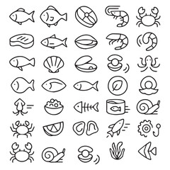 Seafood Line Icons Collection – Fish, Shellfish, Crustaceans, and Ocean Food Symbols

