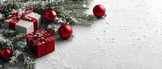 Elegant gift box with red ribbon on white background holiday present composition minimalist style, Xmas and New Year greeting card, winter holiday. Flat lay, top view banner for advertising