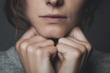Tense Woman Clenching Fists Under Chin – Concept of Anxiety and Stress