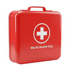 Obraz premium Red first aid kit with cross symbol and world health day text isolated on transparent background