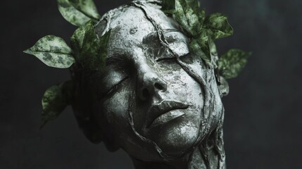 Obraz premium Artistic stone sculpture of serene female face with moss and foliage blending into dark background