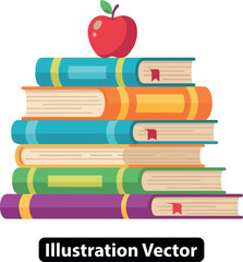 A tall stack of colorful textbooks with a bright red apple on top as a symbol for education