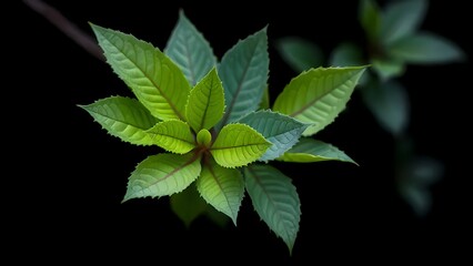 A cluster of vibrant green leaves on a dark background