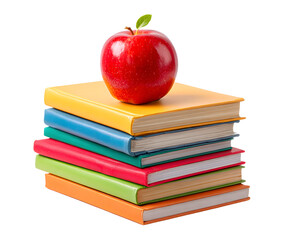 A pile of 7 books for going back to school with a red apple for the teacher or for the child as a healthy snack during their lesson to further their education isolated against a transparent background