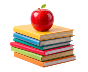 A pile of 7 books for going back to school with a red apple for the teacher or for the child as a healthy snack during their lesson to further their education isolated against a transparent background