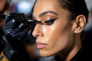 Precision eyeliner masterclass in a studio creates bold, sharp eye looks with bright lighting.