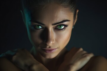 Vividly jealous model with piercing green eyes in a sleek, shadowy minimalist studio.