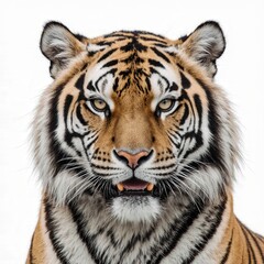 Fototapeta premium Tiger Portrait: A majestic tiger with a striking display of bold stripes and piercing eyes gazes directly at the camera, embodying power and grace.