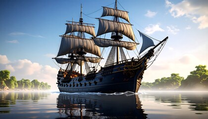 A majestic sailing ship glides through a serene landscape