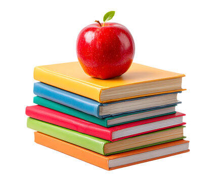 A pile of 7 books for going back to school with a red apple for the teacher or for the child as a healthy snack during their lesson to further their education isolated against a transparent background