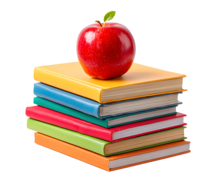 A pile of 7 books for going back to school with a red apple for the teacher or for the child as a healthy snack during their lesson to further their education isolated against a transparent background