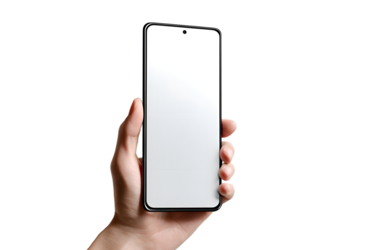 Hand holding phone 15 Pro mockup with white screen. Minimalistic design, editorial aesthetic. Showcase app, website digital content. Mockup for social media business use. Modern tech gadget.