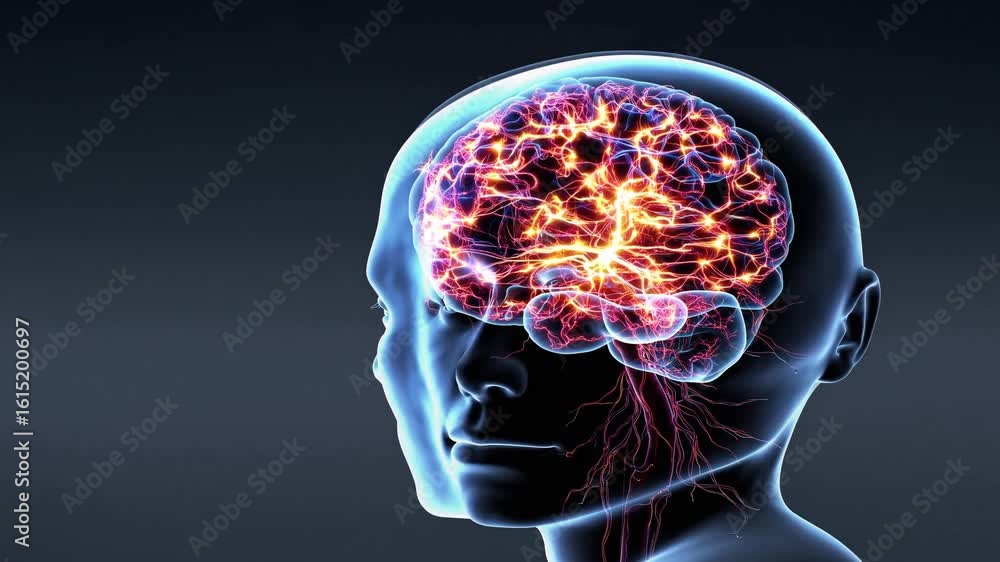Poster closeup of a striking brain animation vibrant neurons in motion for creative and informative project