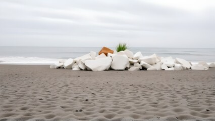 Obraz premium Pile of white stones on a sandy beach with ocean waves