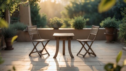 Peaceful outdoor patio scene with simple wooden folding chairs and a table, bathed in warm afternoon sunlight with long shadows on a rooftop terrace