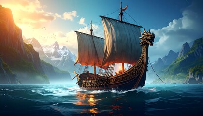 A majestic viking longship sails through a fjord