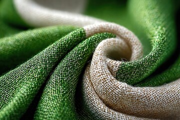 Fototapeta premium green and white flag waving with fabric texture, copy space on the right