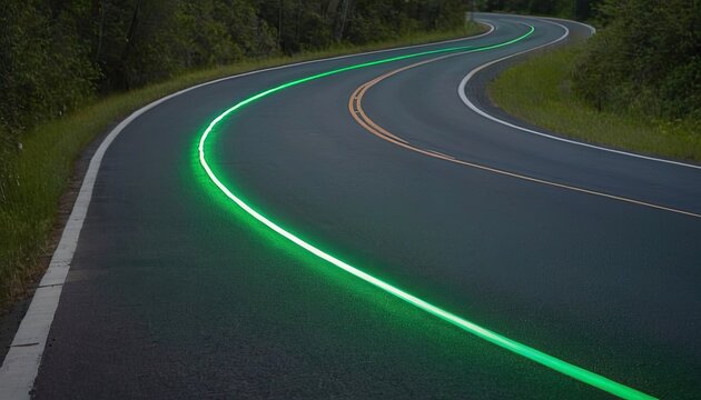 glowing green streak trail and curve line over road with motion speed blur , where tail lights stretch into a luminous line and dynamic energy shapes the final green line. - Powered by Adobe