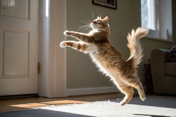 Playful Orange Cat Mid-Air Jumping Indoors - Dynamic Action Shot