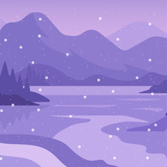 Flat vector winter landscape with snow-covered pine trees, frozen lake, mountains, and falling snow. Peaceful night scenery in purple tones, perfect for seasonal cards, web design, and backgrounds.