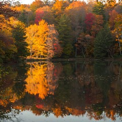 Fototapeta premium Serene lake surrounded by autumn trees, mirror reflection