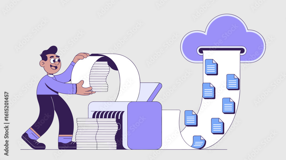Poster office worker digitizing paper documents to cloud storage vector illustration, seamless data transfe