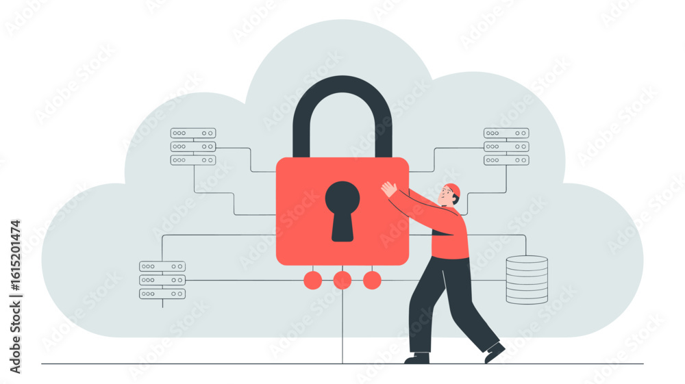 Poster security specialist fortifying cloud network with padlock vector illustration, data protection, cybe