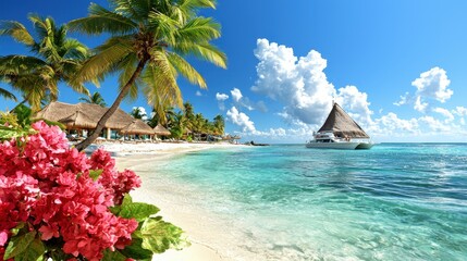 Turquoise Waters and Pink Flowers on a Tropical Beach Paradise Under Blue Sky