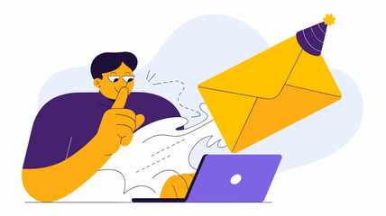 man sending secret party invitation from laptop vector illustration, private digital communication, surprise event planning and confidential messaging