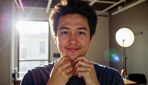 Young Asian man smiling while touching his chin in bright studio  - Concept of World Photography Day 