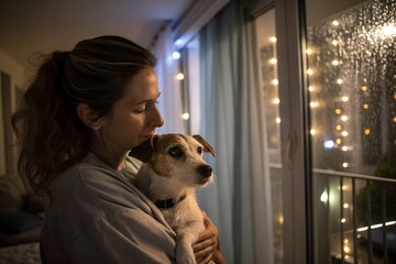 Pet Owner Comforting Nervous Dog During Thunderstorm at Night