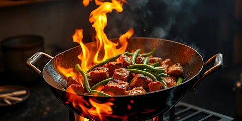 Fiery wok stir-fry, meat & green beans ablaze in smoky dark kitchen,  dark kitchen,  smoke