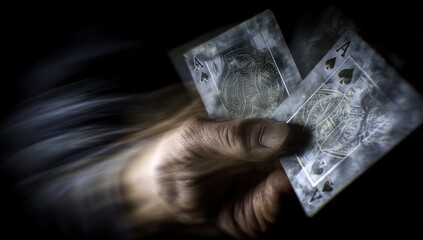 Two aces held by an aged hand with motion blur against a dark background
