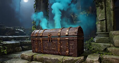 Mystical wooden chest in ruins