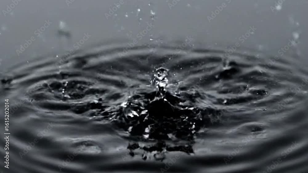 Poster a grayscale image capturing a water drop impact creating a crownlike splash with ripples expanding o