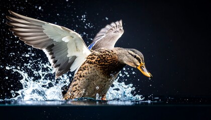 A mallard duck taking flight, splashing water