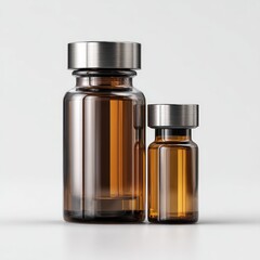 Two amber glass medicine bottles, one large and one small, with metallic caps, on a light background