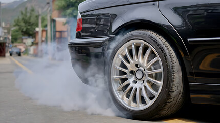 Tire smoke action urban street car photography automotive environment close-up view performance concept