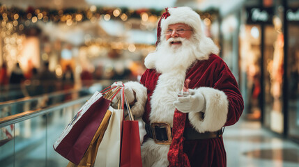 Santa Claus Enjoys Holiday Shopping at a Bustling Mall During the Festive Season With Gift Bags in Hand