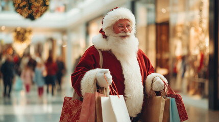 Santa Claus Enjoys Holiday Shopping in a Festive Mall Surrounded by Cheerful Shoppers and Bright Decorations