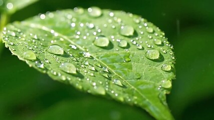A green leaf covered in water droplets sits against a green background - Powered by Adobe