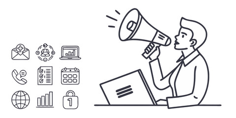 Person with megaphone and icons